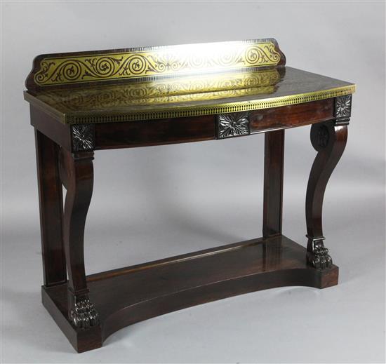 A Regency brass inset rosewood bowfront console table, attributed to George Oakley, W.4ft 2in. D.1ft 10in. H.3ft 6in.